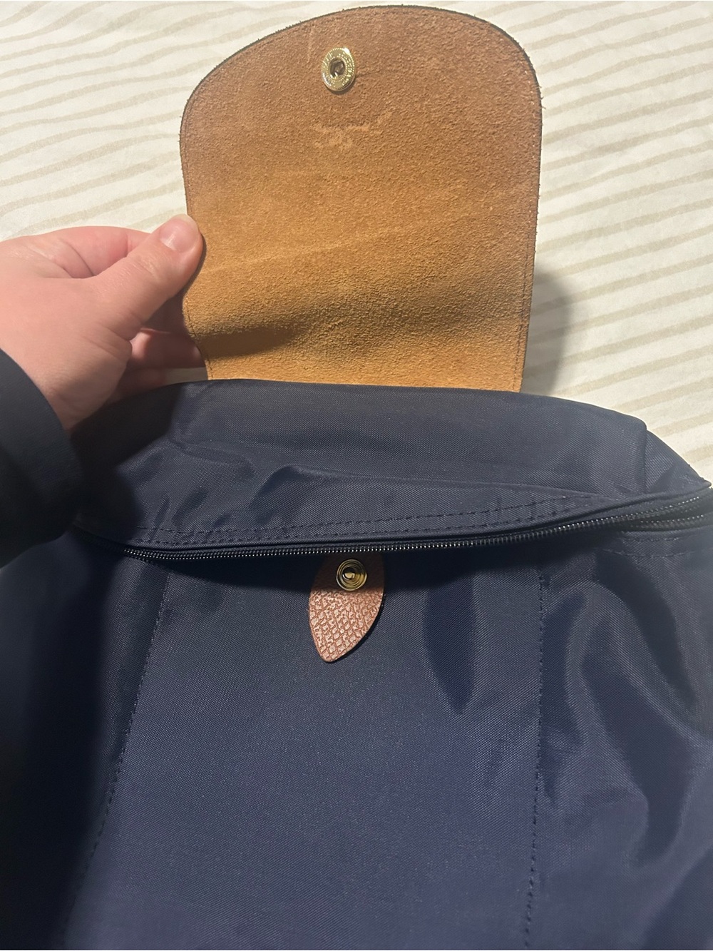 Longchamp Navy Nylon Backpack with Brown Leather Flap - Picture 2 of 5